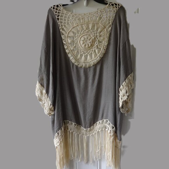 Kori America size M/L vest, cotton/poly, crochet fringe, loose fit open style - Picture 1 of 11